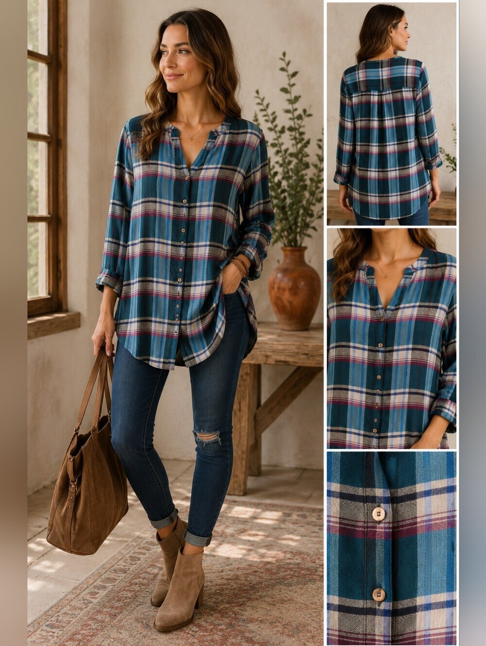 Akemi + Kin Anthropologie Plaid Tunic Blouse Medium Teal Blue Long Sleeve Boho